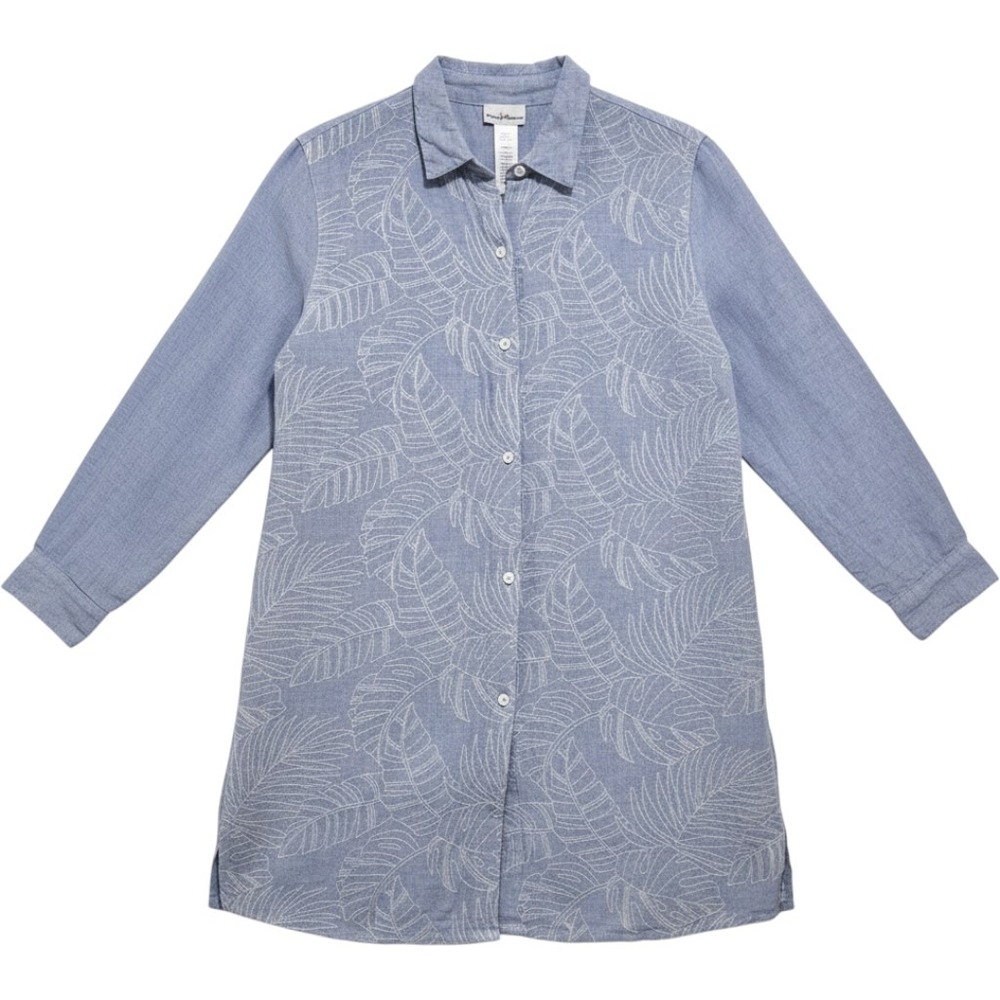 Tommy Bahama Linen Shirt Dress Sz. L Blue Coastal Embroidered Tunic Beach Pocket